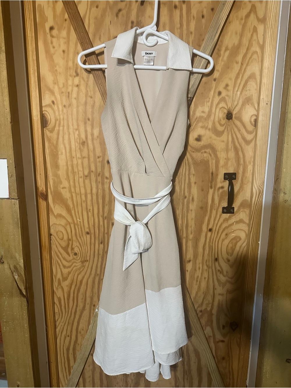 Dkny Beige and White Sleeveless Wrap Dress